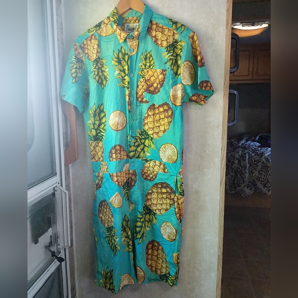 The Original Resort Romper Mens L One Piece Tropical Pineapple Print Jumpsuit